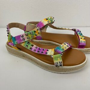 New Gianni Bini Rainbow Studded Platform Espadrille Sandals Ankle Straps Size 9M